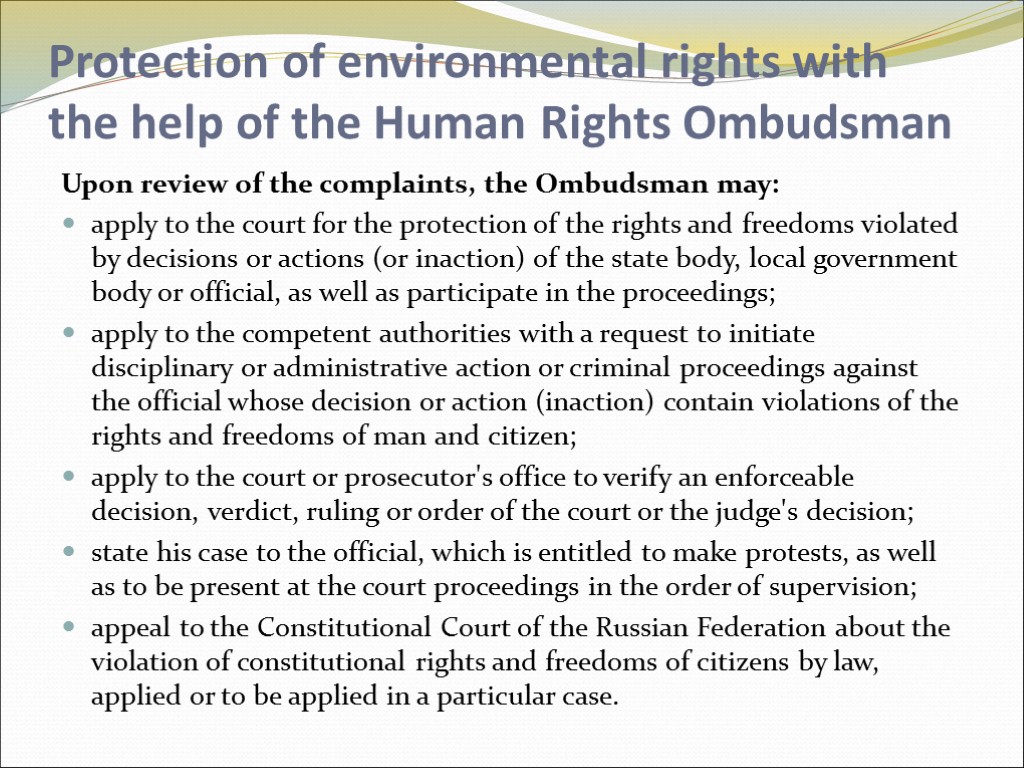 Protection of environmental rights with the help of the Human Rights Ombudsman Upon review